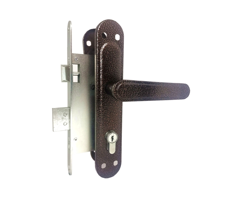 Фото Замок врезной цилиндровый с защёлкой в комплекте с ручкой ЗВ4-72.03 (медь), 4 кл.